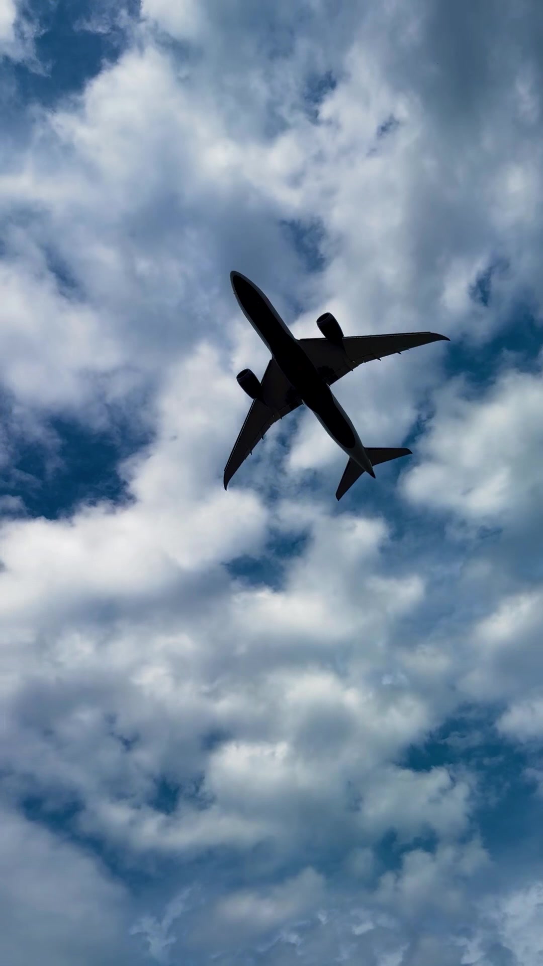 A passenger plane passing overhead against a dramatic blue and cloudy sky